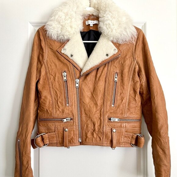 Women's IRO PARIS Noemie Tan Crinkled Leather Fur Collar Moto Jacket in 36 (US4) - Picture 1 of 11